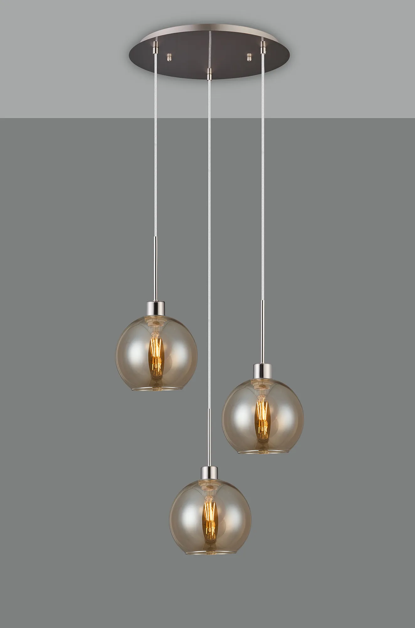 Lori 40cm Round Pendant, 3 Light Adjustable E27, Satin Nickel/Amber Open Mouth Round Globe Shades DK1365  Deco Lori Satin Nickel